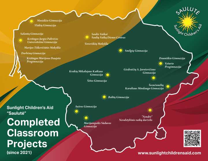 Map of completed classroom projects sponsored by Sunlight Children's Aid